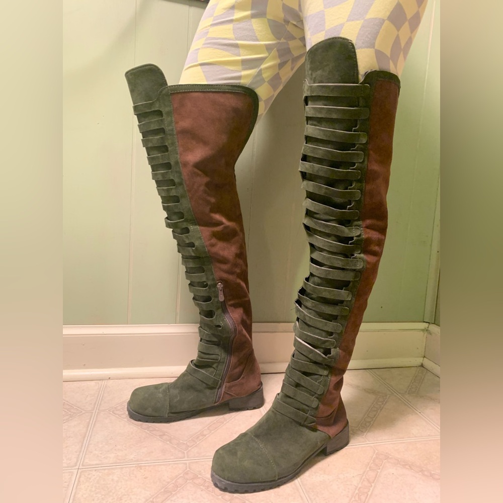 Thigh High Boots in Green and Brown Earth Tones